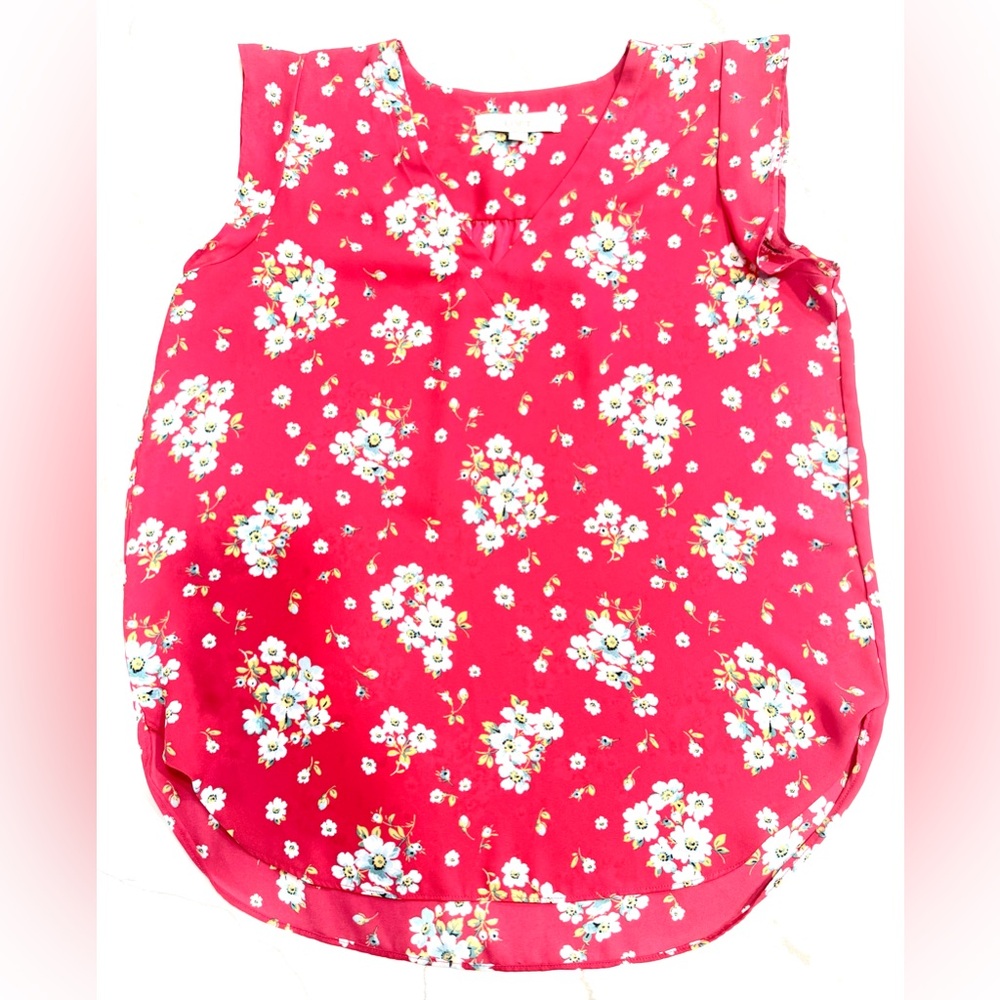 LOFT-Women’s Sz Med Dark Pink V-neck Short Sleeve Floral Casual/Dressy Blouse
